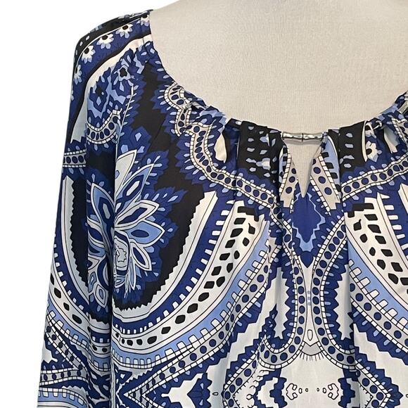 Joseph Ribkoff Vintage Retro Top Womens Size 8 Blue Swirl Keyhole Career Blouse - Picture 2 of 7